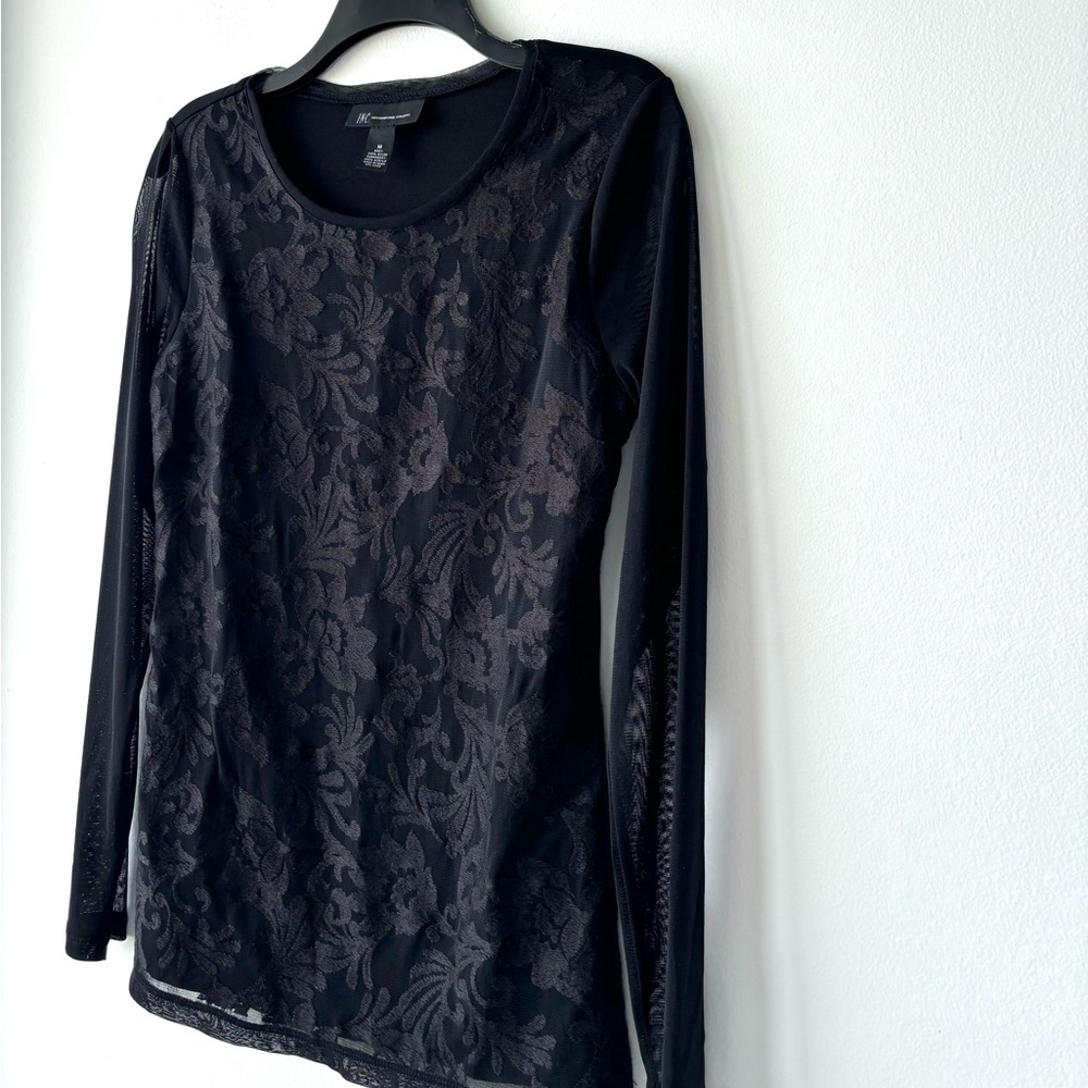 VTG INC Top Black Nylon Lace Burnout Long Sheer Sleeve Womens M Whimsigoth Y2K - Picture 3 of 9